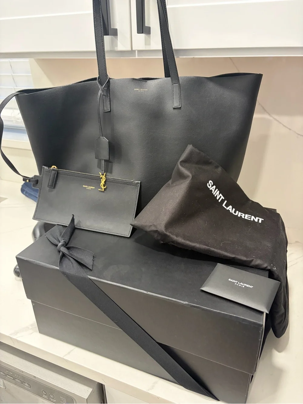 Saint Laurent Black Leather Tote with Detachable Pouch and Gold Hardware